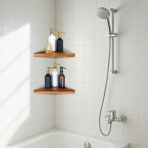 Enkezi Acacia 2،3 Tiers Corner Shown ، رف الدش المثلثية على رف الحمام الخشبي للجدار المملح ، رف زاوية دش ، لا يوجد حفر مطلوب (2) in Kuwait