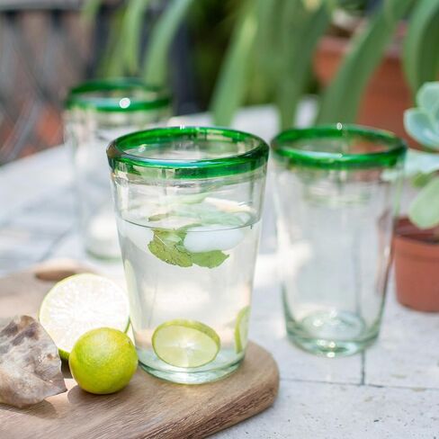 NOVICA Artisan Crafted Recycled, 15 Oz 'Conical' (Set of 6) Blown Glass, 6" H x 3.9", Green/Clear in Saudi Arabia