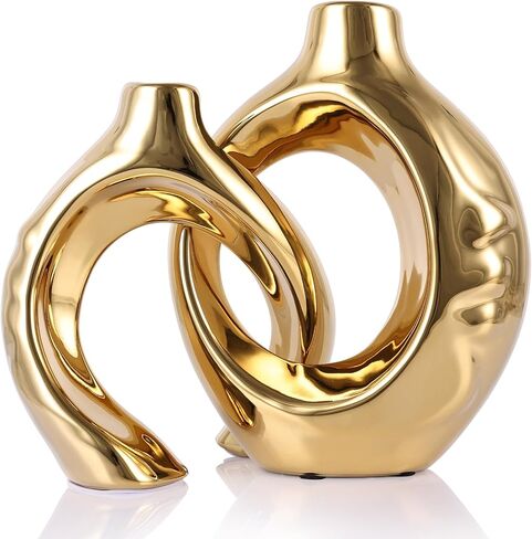 Navy Blue Home Decor Ceramic Vase, Navy Blue Gold Round Vase with Holes Set of 2, Suitable for Wedding Entrance Decoration, Bookshelf, Mantel, Unique Home Decor (Blue Gold) in Kuwait