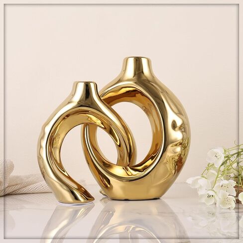 Navy Blue Home Decor Ceramic Vase, Navy Blue Gold Round Vase with Holes Set of 2, Suitable for Wedding Entrance Decoration, Bookshelf, Mantel, Unique Home Decor (Blue Gold) in Kuwait