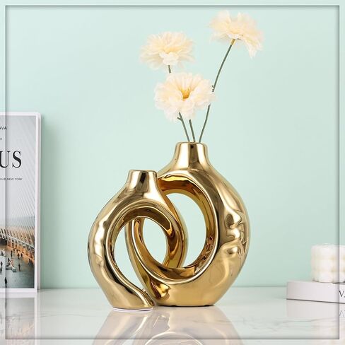 Navy Blue Home Decor Ceramic Vase, Navy Blue Gold Round Vase with Holes Set of 2, Suitable for Wedding Entrance Decoration, Bookshelf, Mantel, Unique Home Decor (Blue Gold) in Kuwait