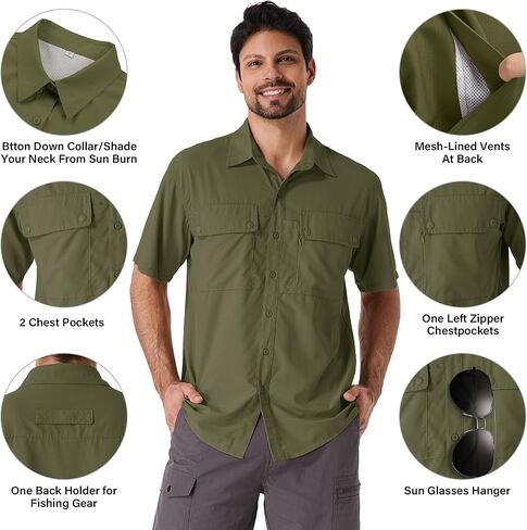 linlon Safari Shirt Men Short Sleeve UPF 50 UV Sun Protection Quick Dry Hiking Fishing Shirts in Saudi Arabia