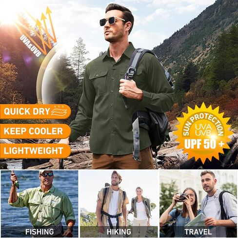 Men's Safari Hiking UPF 50+ UV Long Sleeve Button Work Shirt Lightweight Quick Dry Sun Protection Fishing Shirts in Saudi Arabia