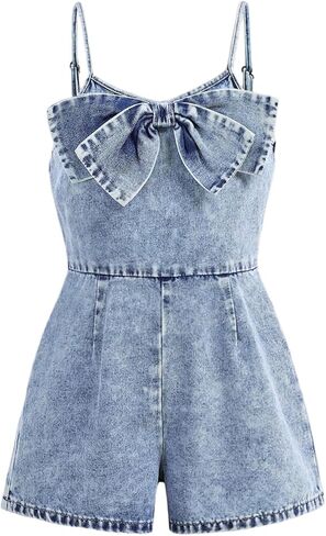 Floerns Girl's Cute Bowknot Rompers Spaghetti Strap Denim Shorts Jumpsuit in Saudi Arabia