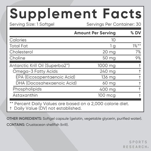 Sports Research® Omega-3 Krill Oil 1000mg - Pure Antarctic Superba Krill with Phospholipids, Choline & Astaxanthin - MSC Certified Sustainable · Non-GMO · Gluten Free - 60 Softgels in Saudi Arabia