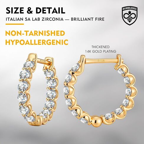 أقراط Bumblebee Hoop للنساء والرجال ، الذهب 14k مطلي بـ 5A Zirconia Zirconia-Hypoallergenic Silver Silver Post مقاوم ، خفيفة الوزن ، هدية لعيد الميلاد ، عيد الميلاد in Kuwait