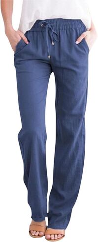 Womens Straight Leg Pants Summer Cotton Linen Pants Drawstring Waist Business Pant Solid Color Casual Trousers 2025 in Kuwait