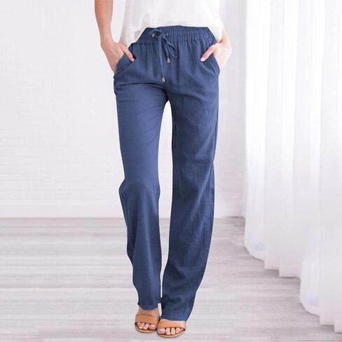 Womens Straight Leg Pants Summer Cotton Linen Pants Drawstring Waist Business Pant Solid Color Casual Trousers 2025 in Kuwait