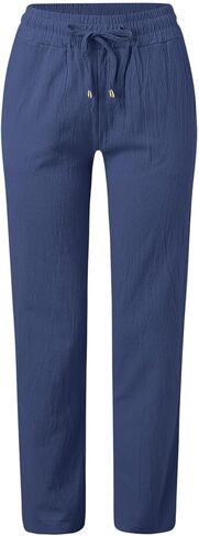 Womens Straight Leg Pants Summer Cotton Linen Pants Drawstring Waist Business Pant Solid Color Casual Trousers 2025 in Kuwait