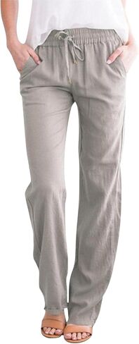Womens Straight Leg Pants Summer Cotton Linen Pants Drawstring Waist Business Pant Solid Color Casual Trousers 2025 in Kuwait