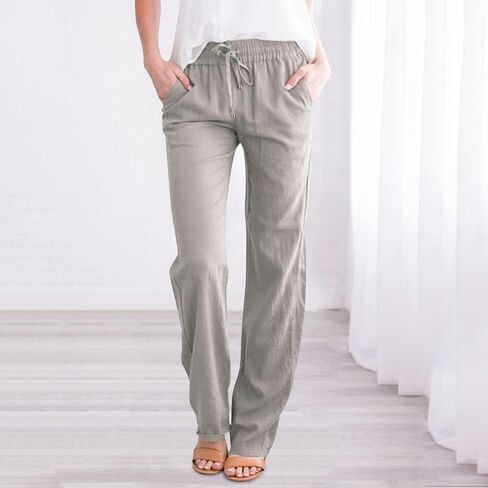 Womens Straight Leg Pants Summer Cotton Linen Pants Drawstring Waist Business Pant Solid Color Casual Trousers 2025 in Kuwait