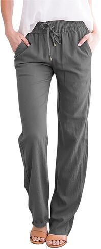 Womens Straight Leg Pants Summer Cotton Linen Pants Drawstring Waist Business Pant Solid Color Casual Trousers 2025 in Kuwait