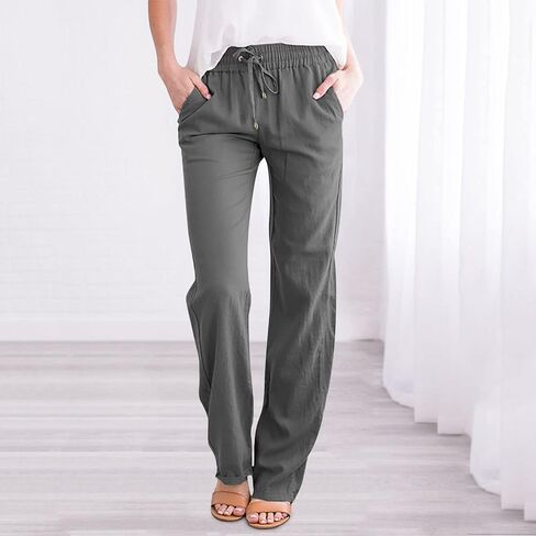 Womens Straight Leg Pants Summer Cotton Linen Pants Drawstring Waist Business Pant Solid Color Casual Trousers 2025 in Kuwait