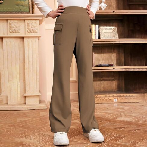 High Waisted School Uniform Pants for Girls Flare Wide Leg Baggy Sweatpants Casual Trendy Side Pocket Lounge Athletic Joggers in Saudi Arabia