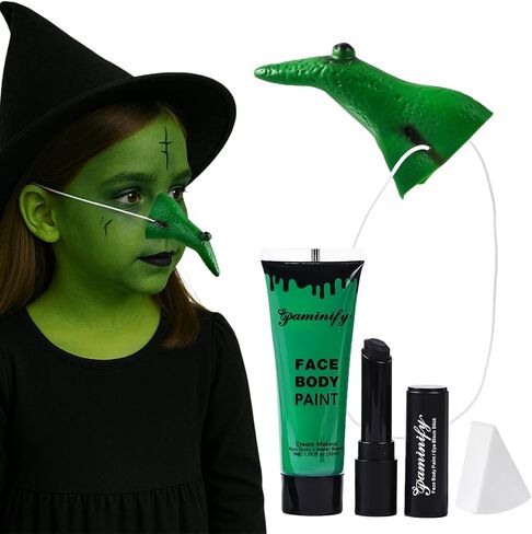 Halloween Green Witch Makeup Kit,1.01oz Water Based Green Face Body Paint+Witch Nose+Black Eye black+Sponge,Character Cosplay Costume for Kids & Adults,Safe Face Painting SFX Makeup Kit in Kuwait