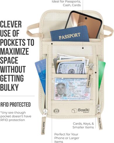 RFID Travel Neck Wallet - Beige | حامل جواز سفر أنيق وآمن وحقيبة مالية مع حزام رقبة قابل للتعديل للرجال والنساء للحفاظ على النقود وبطاقات الائتمان ووثائق السفر آمنة in Kuwait