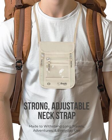 RFID Travel Neck Wallet - Beige | حامل جواز سفر أنيق وآمن وحقيبة مالية مع حزام رقبة قابل للتعديل للرجال والنساء للحفاظ على النقود وبطاقات الائتمان ووثائق السفر آمنة in Kuwait