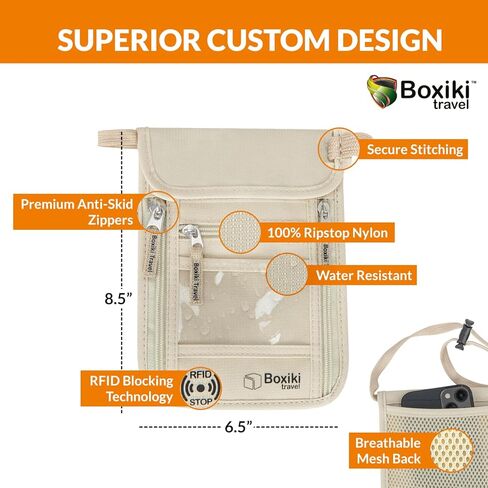 RFID Travel Neck Wallet - Beige | حامل جواز سفر أنيق وآمن وحقيبة مالية مع حزام رقبة قابل للتعديل للرجال والنساء للحفاظ على النقود وبطاقات الائتمان ووثائق السفر آمنة in Kuwait