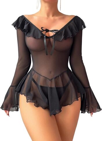 Sexy Lingerie for Women Rave Outfits Clubwear See Through Lingerie Sets Bell Sleeve Ruffle Mesh Tops in Saudi Arabia