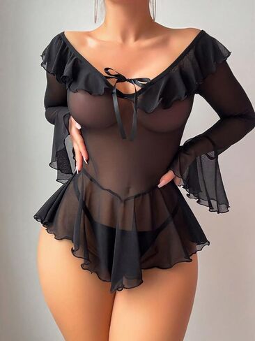 Sexy Lingerie for Women Rave Outfits Clubwear See Through Lingerie Sets Bell Sleeve Ruffle Mesh Tops in Saudi Arabia