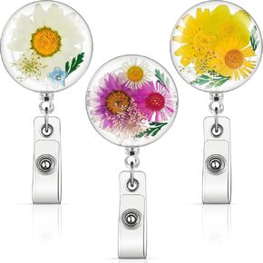 Epakh 3 Pcs Flower ID Badge Reel Retractable Holders Gifts Nurse Gift Dried Flower Floral Resin Round Badge Reels Retractable Clip for Nurse Doctor Worker(Classic Style)