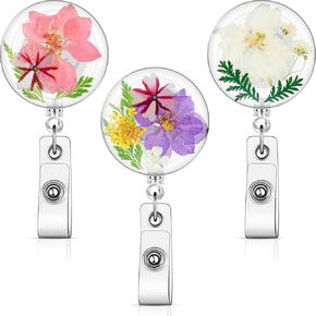 Epakh 3 Pcs Flower ID Badge Reel Retractable Holders Gifts Nurse Gift Dried Flower Floral Resin Round Badge Reels Retractable Clip for Nurse Doctor Worker(Classic Style)