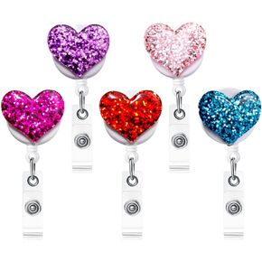 Bling Popular Love Heart Retractable Badge Holder, ID Nurse Badge Reel with Alligator Swivel Clip, 5 Pack