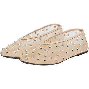 Arqa Crystal-Embellished Mesh Flats Rhinestone Ballet Flat Slip On Ballerina Shoes Comfortable Casual Gauze Shoe