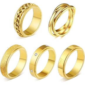 5PCS 18K Gold Plated Fidget Rings for Anxiety Stainless Steel Butterfly Chain CZ Inlaid Spinner Rings for Women Men Anti Anxiety Ring Band Set