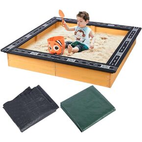 Wooden Sandbox for Backyard，DIY Raceable Race Track Seats，Sand Protection, Bottom Liner for Outdoor Recreation, Toy Storage, Flower Gardening.（47x 38in ）