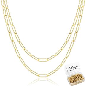 ALEXCRAFT 24 Feet 14K Dainty Gold Plated Brass Paperclip Chain Link Bulk for Jewelry Making （2x6mm）