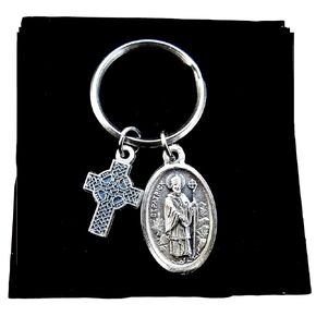 Saint Patrick and Saint Bridget Keychain, Patron Saints of Ireland, Double-sided medal, Includes Celtic Cross Charm, New Driver, Irish Gift