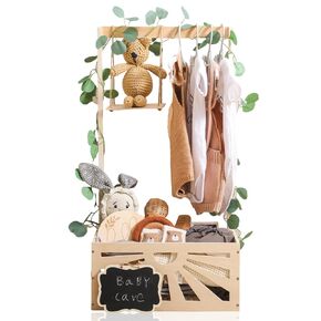 Wooden Baby Shower Crate Closet, Baby Basket with Adjustable Handle and Garland, Storage Crate Hamper, Baby Shower Wooden Gift Crate, Baby Personailzed Basket for Pregnancy New Parent