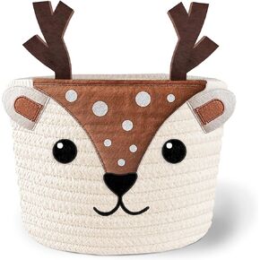 Cute Deer 100% Cotton Rope Baby Laundry Basket for Boys & Girls, Woodland Nursery Decor, Nursery Storage Basket for Essentials like Diapers, Wipes, Towels, Perfect for Baby Shower Gifts, Machine Wash