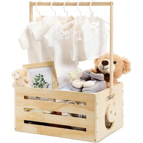 Yerliker Wooden Baby Shower Crate Closet Baby Shower Gifts Basket Baby Storage Crate Hamper with Handle Personalized Basket for Newborn Boys Girls Pregnancy Gifts(Blue, Cloudy, Rainbow)