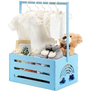 Yerliker Wooden Baby Shower Crate Closet Baby Shower Gifts Basket Baby Storage Crate Hamper with Handle Personalized Basket for Newborn Boys Girls Pregnancy Gifts(Blue, Cloudy, Rainbow)