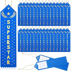 100 Pieces Superstar Award Ribbons Blue Ribbon Award Prize Participation Ribbon with Event Card and String for Kids Students Achievement Contest Sports School Office Team, 7.87 x 1.97 inch