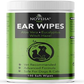 NOVEHA Pet Ear Wipes - Dog Ear Cleaner Wipes, Otic Cleanser for Dogs & Cats - Stop Ear Itching with Aloe Vera, Eucalyptus and Witch Hazel for Odor Control, Dirt and Wax Removal, Unscented (150 Count)