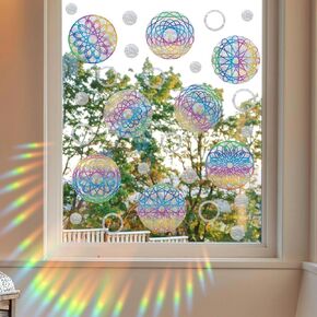 Watercolor Mandala Window Decal, Yoga Flower Sun Catcher Stickers for Grass Window, Non Adhesive Prismatic Vinyl Window Clings, Mandala Circle Sticker Save Birds from Window Collisions