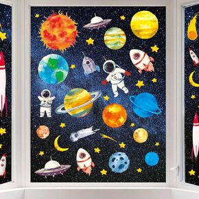 Whaline 6 Sheet Outer Space Window Clings Space Astronaut Spacecraft Rockets Solar System Window Stickers Out of Space Window Decals for Space Party Bedroom Nursery Living Room Decor