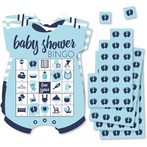 Big Dot of Happiness Baby Boy - Picture Bingo Cards and Markers - Blue Baby Shower Shaped Bingo Game - Set of 18