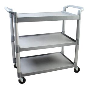 Thunder Group PLBC4019G Bus Cart, 40-1/2" x 19-3/4" x 37-7/8", 176 lb. Load Capacity, 3-Tier Shelving, Open Design, 2 Handles, 4 Swivel casters: 2 with Brakes, Plastic, Gray