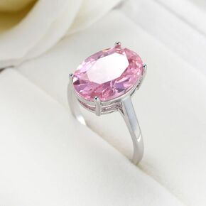 925 Sterling Silver Shiny Full Diamond Handmade Ring Oval Pink Cubic Zirconia Anniversary Promise Cocktail Rings CZ Diamond Multi Row Ring Eternity Engagement Wedding Band Ring (Size 7)