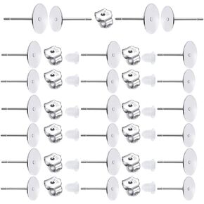 160 PCS 925 Sterling Silver Plated Earrings Posts Flat Pad Hypoallergenic Flat Pad Earring Studs with 925 Sterling Silver Earring Backs and Rubber Earring Backs for Jewelry Making Findings(5mm 8mm)