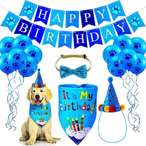 Dog Birthday Party Set,Dog Birthday Hat Bandana Scarf with Cute Dog Bow Tie, Banner, Balloons for Party Decorations, Pet Birthday Party Supplies(blue)