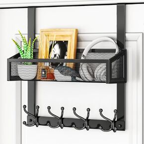 HapiRm Over The Door Hooks - Easy Installation Door Hanger with Basket and 16 Hooks, 304 Stainless Steel Over The Door Storage for Towels, Coats, Bathroom, Kitchen, Dorm-Black
