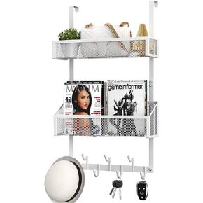 Over The Door Organizer, Back of Door Organizer with 1 Baskets and 7 Hooks, Waterproof Heavy Duty Bathroom Door Towel Hanger Over The Door Shelf for Bedrooms Kitchen (White)