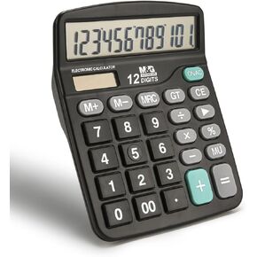 M&G Desk Calculator 12 Digit Office Calculators with Large LCD Display, Dual Solar Power and Battery, Recessed Big Button Calculator for Office Home School (Black)