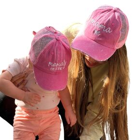 Besties Mother Daughter Ponytail Messy Bun Mesh Hats, Mom And Daughter Matching Hats, Mommy and Me Hats, Set of 2 Matching Toddler Girl Mama and Mini Hats in PINK