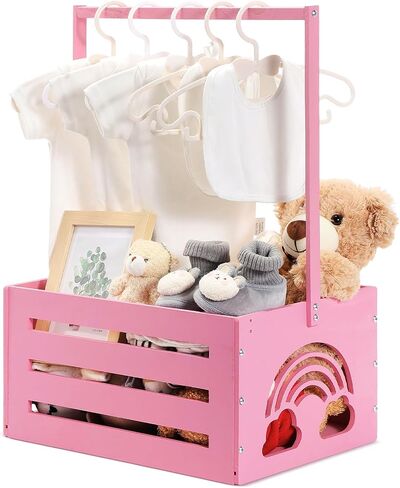 Yerliker Wooden Baby Shower Crate Closet Baby Shower Gifts Basket Storage Crate Hamper with Handle Personalized Basket for Newborn Boys Girls Pregnancy Gifts(White,Cloudy, Rainbow) in Kuwait
